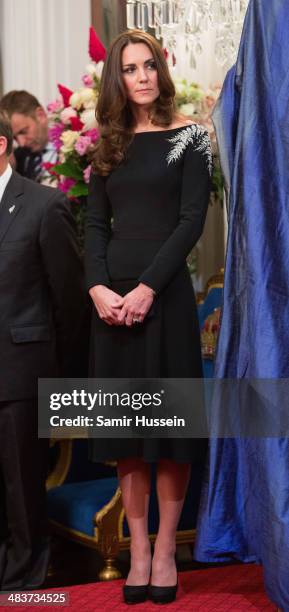 Catherine, Duchess of Cambridge attends a state reception at Government House on April 10, 2014 in Wellington, New Zealand.on April 10, 2014 in...