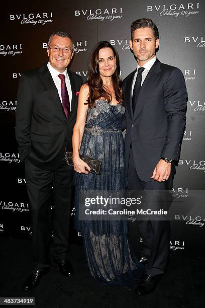 Bvlgari CEO Jean-Christophe Babin, Rebecca Gleeson and Eric Bana attend the 130th Anniversary of Bvlgari Gala Dinner on April 10, 2014 in Sydney,...