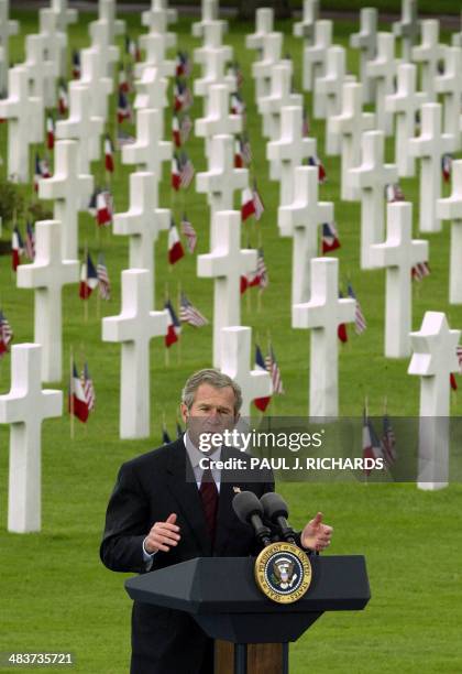 President George W. Bush delivers a Memorial Day speech from the World War II Normandy American Cemetery as part of US Memorial Day ceremonies 27 May...