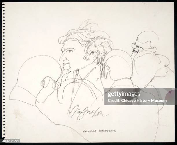 Leonard Weinglass in crowd, in a courtroom illustration during the trial of the Chicago Eight, Chicago, Illinois, late 1969 or early 1970. The Eight,...