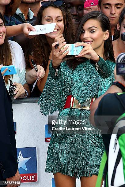 Actress Emily Ratajkowski arrives at the 'We Are Your Friends' Premiere at Kinepolis on August 12, 2015 in Lille, France.