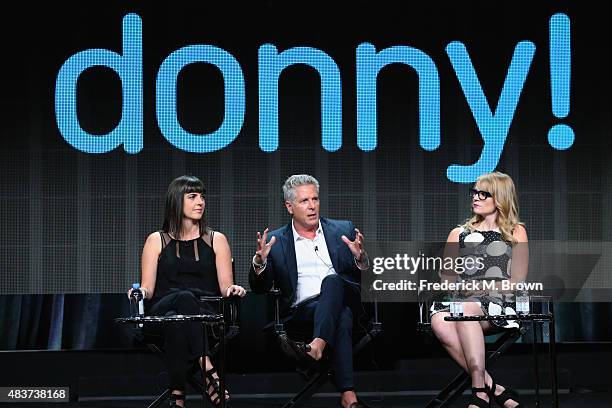 Executive producer Angie Day, TV personalities Donny Deutsch and Emily Tarver speak onstage during the USA Networks 'donny!' panel discussion at the...
