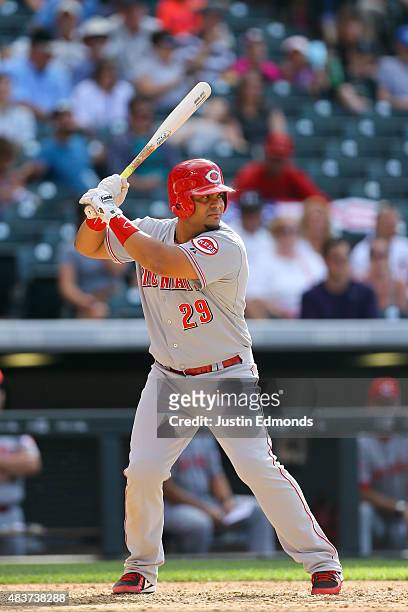 Brayan Pena of the Cincinnati Reds bats against the Colorado Rockies at Coors Field on July 26, 2015 in Denver, Colorado. The Rockies defeated the...