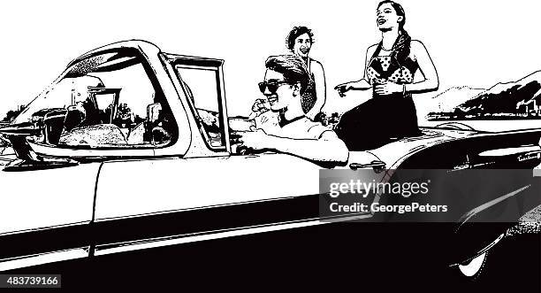 retro 1950's friends driving in vintage car - date night romance stock illustrations