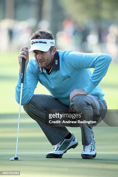 David Lynn of England waits on the first green during the first round of the 2014 Masters Tournament at Augusta National Golf Club on April 10, 2014...