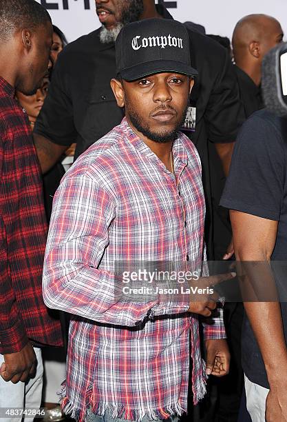Kendrick Lamar attends the premiere of "Straight Outta Compton" at Microsoft Theater on August 10, 2015 in Los Angeles, California.
