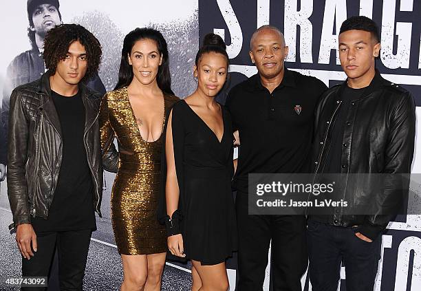 Dr. Dre, wife Nicole Young and family attend the premiere of "Straight Outta Compton" at Microsoft Theater on August 10, 2015 in Los Angeles,...