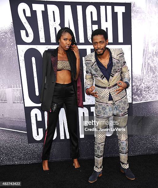 Keith Stanfield and actress Xosha Roquemore attend the premiere of "Straight Outta Compton" at Microsoft Theater on August 10, 2015 in Los Angeles,...