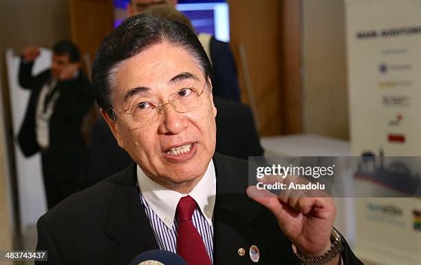 Masato Mizuno, Vice President of the Japanese Olympic Committee , speaks to the media during the 12th SportAccord Convention in Belek district of...