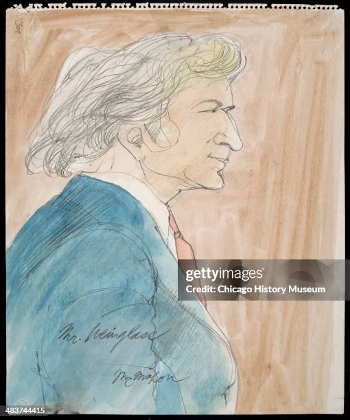 Leonard Weinglass, right profile view, in a courtroom illustration during the trial of the Chicago Eight, Chicago, Illinois, late 1969 or early 1970....