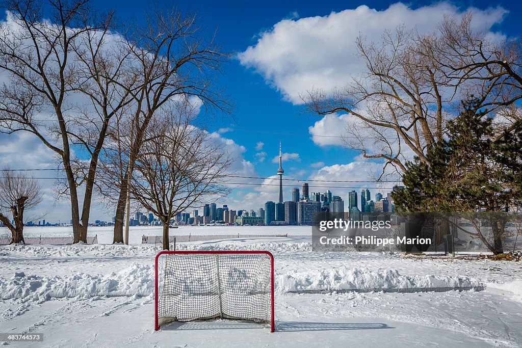 Outdoor hockey rink net and Toronto skyline