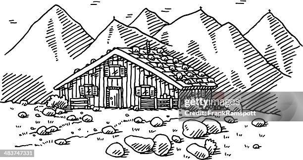 mountain hut landscape drawing - alpine chalet stock illustrations