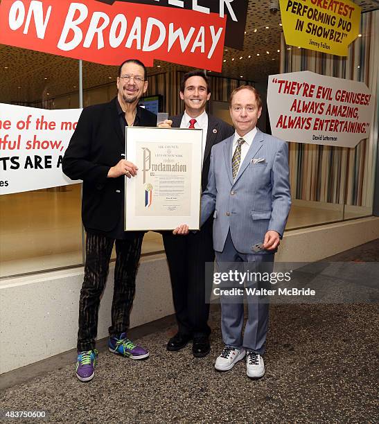 Penn & Teller accept a proclamation from Ken Kallos, Council member of the 5th district, for their 40th Anniversary of inspiring and thriling...