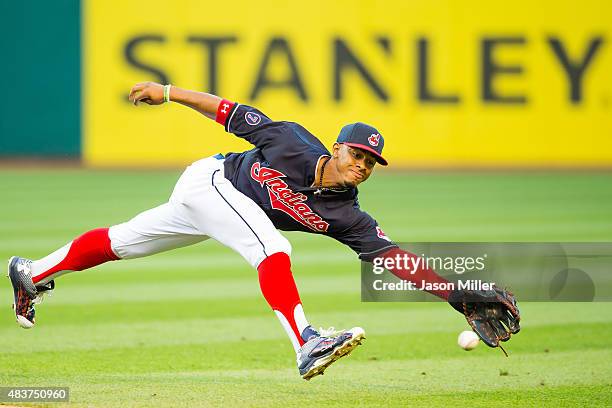 Shortstop Francisco Lindor of the Cleveland Indians can't get to a ground ball off the bat of Chase Headley of the New York Yankees during the third...