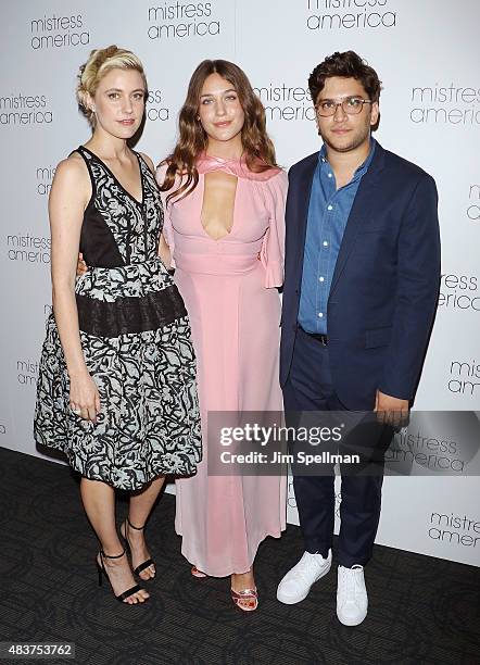 Actors Greta Gerwig, Lola Kirke and Matthew Shear attend the "Mistress America" New York premiere at Landmark Sunshine Cinema on August 12, 2015 in...