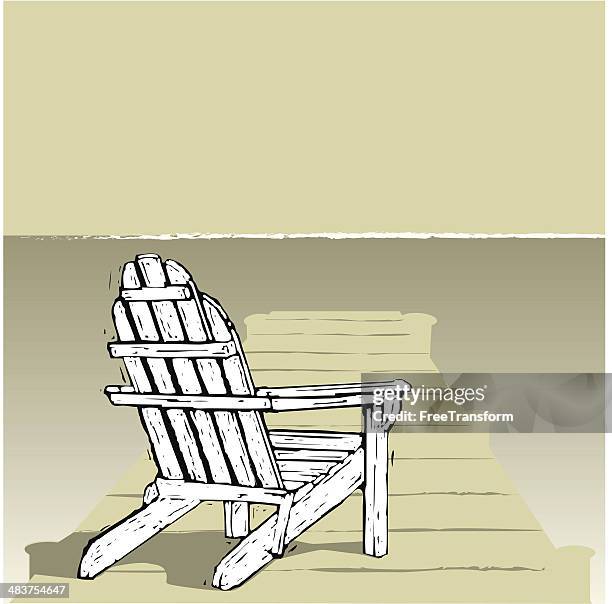 adirondack-stuhl auf einem dock - adirondack chair stock-grafiken, -clipart, -cartoons und -symbole