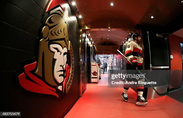 Matt Kassian of the Ottawa Senators walks down the players' tunnel after warmup prior to a game against the Montreal Canadiens at Canadian Tire...