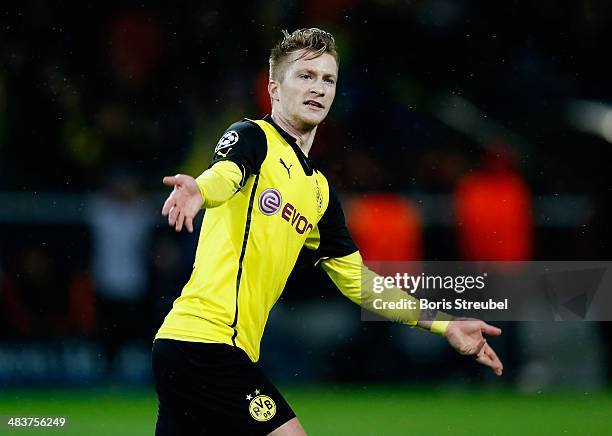 Marco Reus of Borussia Dortmund celebrates after scoring his team's second goal during the UEFA Champions League Quarter Final second leg match...