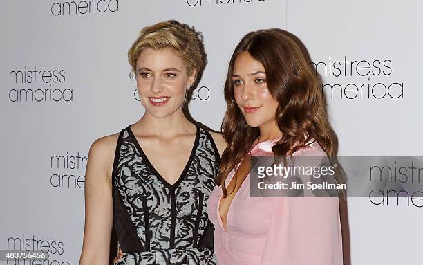 Actors Greta Gerwig and Lola Kirke attend the "Mistress America" New York premiere at Landmark Sunshine Cinema on August 12, 2015 in New York City.