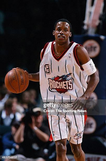 Steve Francis of the Houston Rockets brings the ball upcourt during the game against the Vancouver Grizzlies on April 19, 2000 at the Compaq Center...