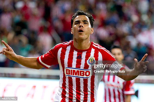 Omar Bravo of Chivas celebrates after scoring the first goal of his team during a 4th round match between Chivas and Morelia as part of the Apertura...