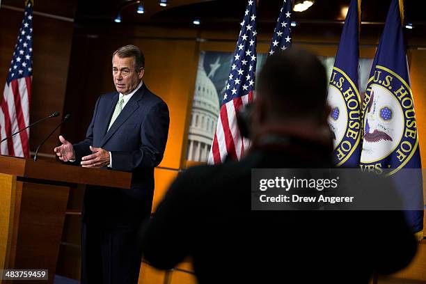 Speaker of the House John Bohener answers questions during his weekly news conference on Capitol Hill, April 10, 2014 in Washington, DC. Speaker...