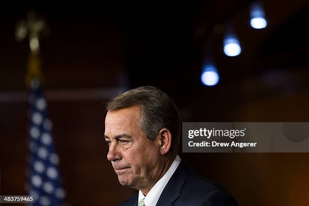 Speaker of the House John Bohener answers questions during his weekly news conference on Capitol Hill, April 10, 2014 in Washington, DC. Speaker...