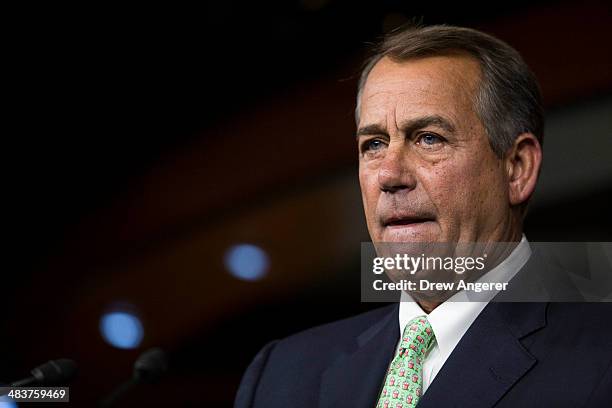 Speaker of the House John Bohener answers questions during his weekly news conference on Capitol Hill, April 10, 2014 in Washington, DC. Speaker...