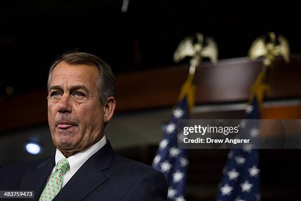 Speaker of the House John Bohener answers questions during his weekly news conference on Capitol Hill, April 10, 2014 in Washington, DC. Speaker...