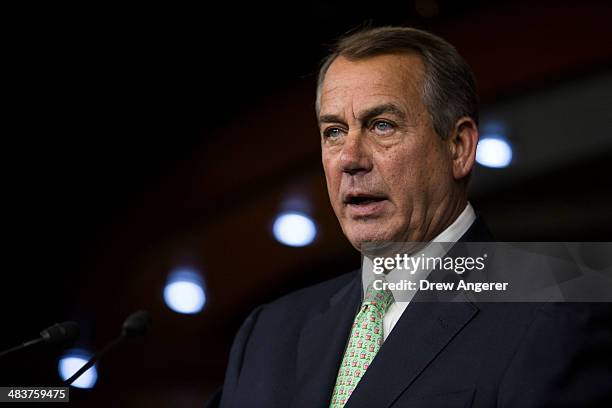 Speaker of the House John Bohener answers questions during his weekly news conference on Capitol Hill, April 10, 2014 in Washington, DC. Speaker...