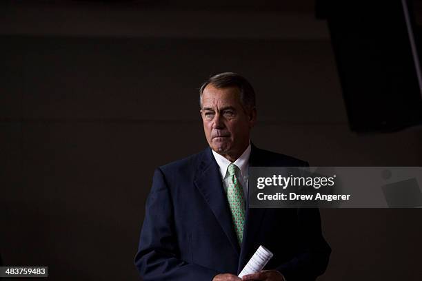 Speaker of the House John Bohener arrives for his weekly news conference on Capitol Hill, April 10, 2014 in Washington, DC. Speaker Boehner said the...