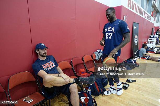 Kevin Love and LeBron James of USA Mens National Team participates in minicamp at UNLV on August 12, 2015 in Las Vegas, Nevada. NOTE TO USER: User...