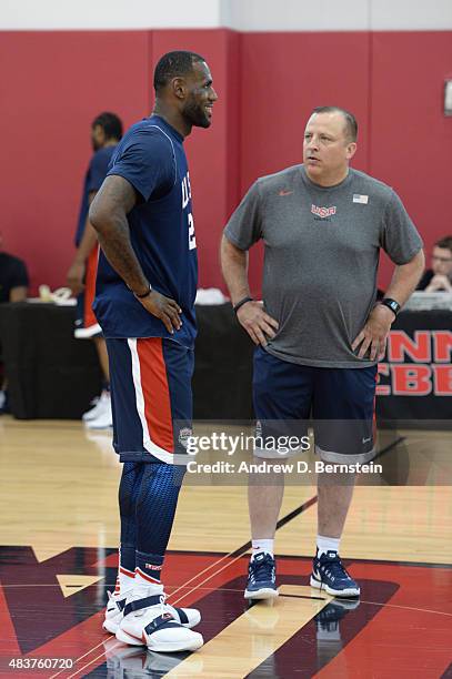 LeBron James and coach Tom Thibodeau of USA Mens National Team participates in minicamp at UNLV on August 12, 2015 in Las Vegas, Nevada. NOTE TO...