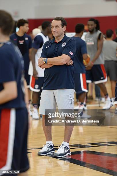 Coach Mike Kryzewski of USA Mens National Team participates in minicamp at UNLV on August 12, 2015 in Las Vegas, Nevada. NOTE TO USER: User expressly...