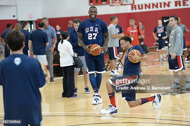 LeBron James and Stephen Curry of USA Mens National Team participates in minicamp at UNLV on August 12, 2015 in Las Vegas, Nevada. NOTE TO USER: User...