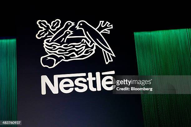 Nestle SA logo sits on display during the company's annual general meeting in Lausanne, Switzerland, on Thursday, April 10, 2014. Nestle SA Chairman...
