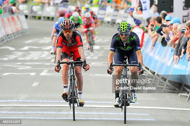 Alejandro Valverde of Spain and Team Movistar sprints to be second from Samuel Sanchez of Spain and BMC Racing Team during Stage Four of Vuelta al...