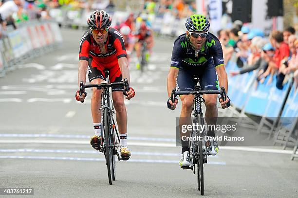 Alejandro Valverde of Spain and Team Movistar sprints to be second from Samuel Sanchez of Spain and BMC Racing Team during Stage Four of Vuelta al...