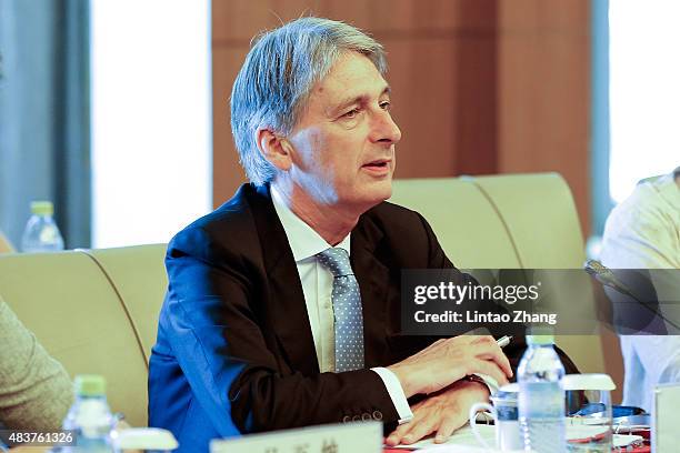 British Foreign Secretary Philip Hammond speaks with Chinese State Councilor Yang Jiechi during the China-UK Strategic Dialogue at the Diaoyutai...