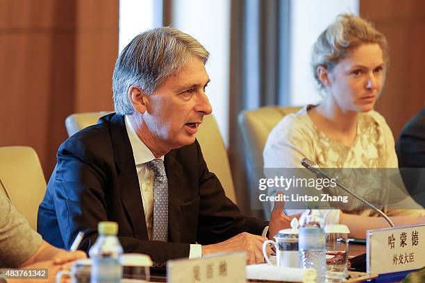 British Foreign Secretary Philip Hammond speaks with Chinese State Councilor Yang Jiechi during the China-UK Strategic Dialogue at the Diaoyutai...