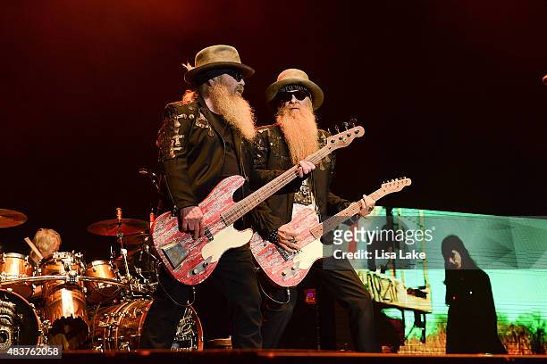 Dusty Hill and Billy Gibbons of ZZ Top perform at Sands Steel Stage at PNC Plaza on August 12, 2015 in Bethlehem, Pennsylvania.