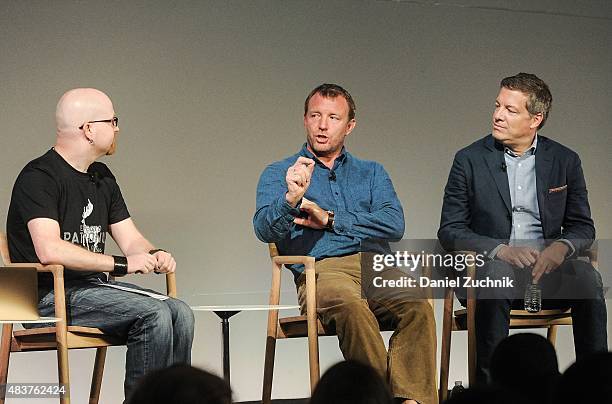 Filmmaker Guy Ritchie and producer Lionel Wigram discuss their new film "The Man From U.N.C.L.E" at Apple Store Soho on August 12, 2015 in New York...