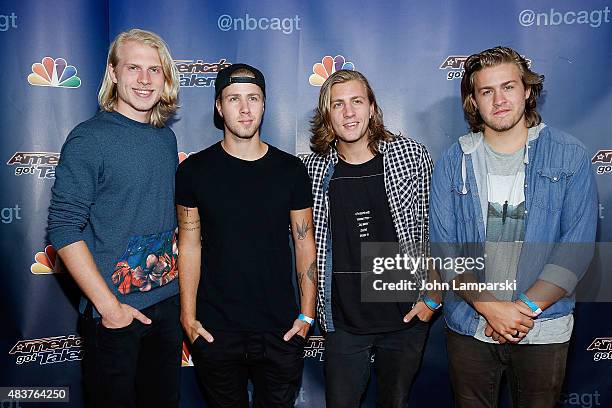 Members of the 3 Shades of Blue band attend "America's Got Talent" season 10 on August 12, 2015 at Radio City Music Hall on August 12, 2015 in New...