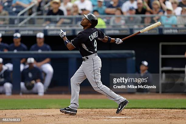 Endy Chavuz of the Seattle Mariners makes some contact at the plate during the game against the San Diego Padres at Peoria Sports Complex on February...