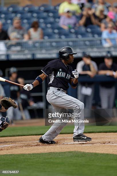 Endy Chavez of the Seattle Mariners makes some contact at the plate during the game against the San Diego Padres at Peoria Sports Complex on February...