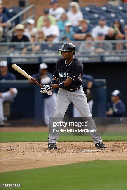 Endy Chavuz of the Seattle Mariners gets ready for the next pitch during the game against the San Diego Padres at Peoria Sports Complex on February...