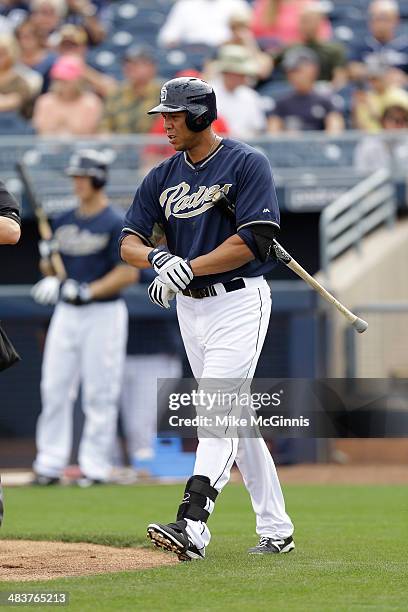 Kyle Blanks of the San Diego Padres walks to the plate for his next at bat during the game against the Seattle Mariners against the San Diego Padres...