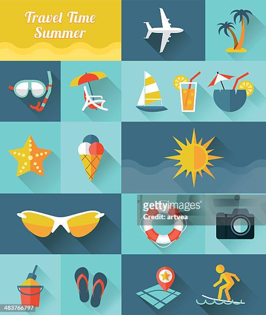 illustrations, cliparts, dessins animés et icônes de icônes d'été - vacances été plage