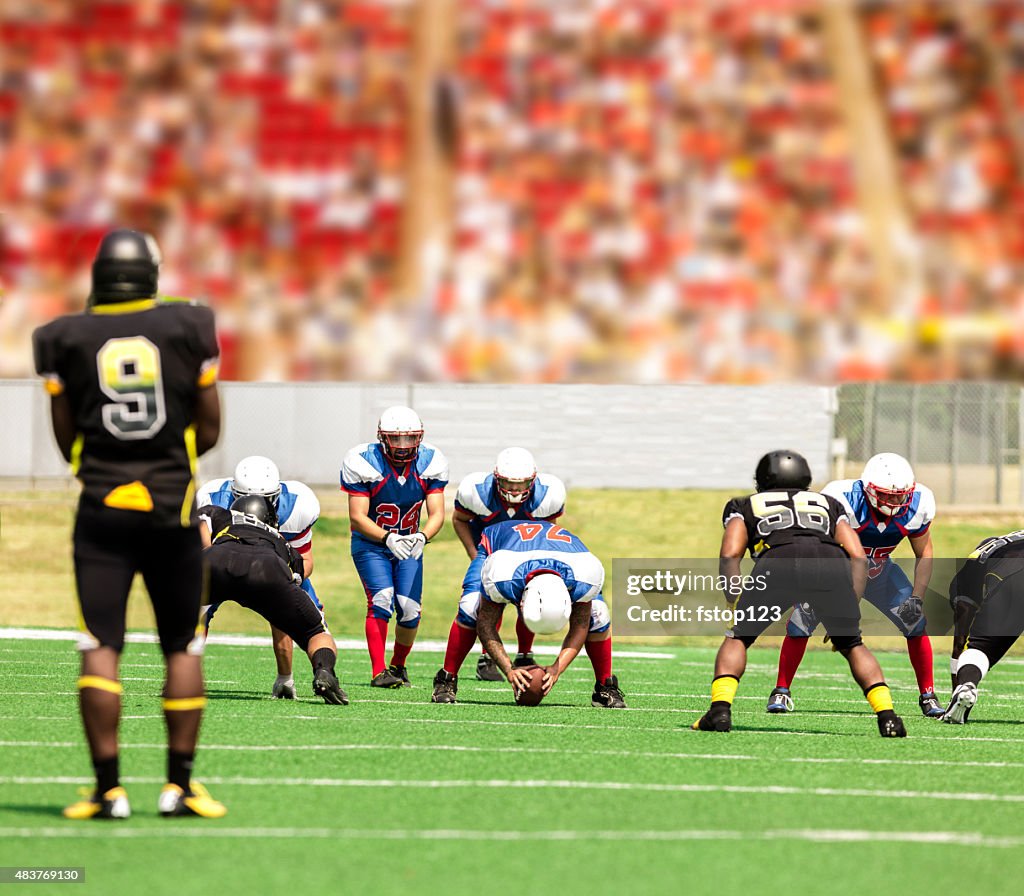 Football team's center hikes the ball. Defenders. Stadium fans. Field.