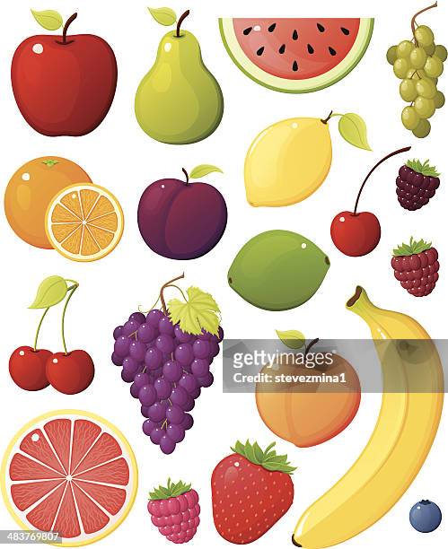 ilustraciones, imágenes clip art, dibujos animados e iconos de stock de surtido de fruta - juicy